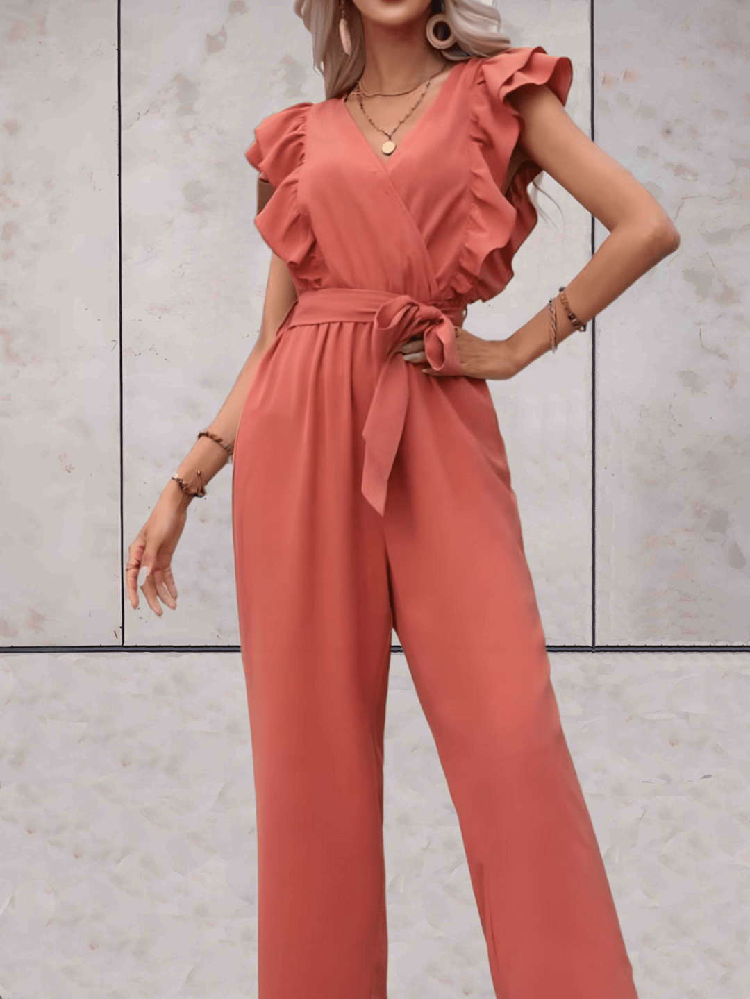 trendy Jumpsuit mit Rüschenärmeln, tiefem V-Ausschnitt und Schleifenbund