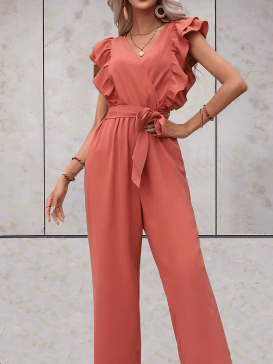 trendy Jumpsuit mit Rüschenärmeln, tiefem V-Ausschnitt und Schleifenbund