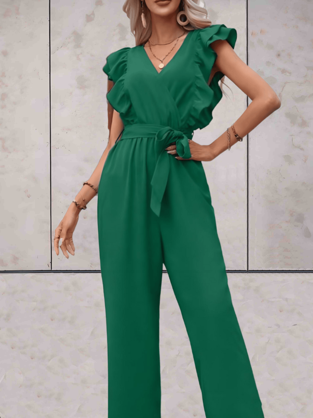 trendy Jumpsuit mit Rüschenärmeln, tiefem V-Ausschnitt und Schleifenbund