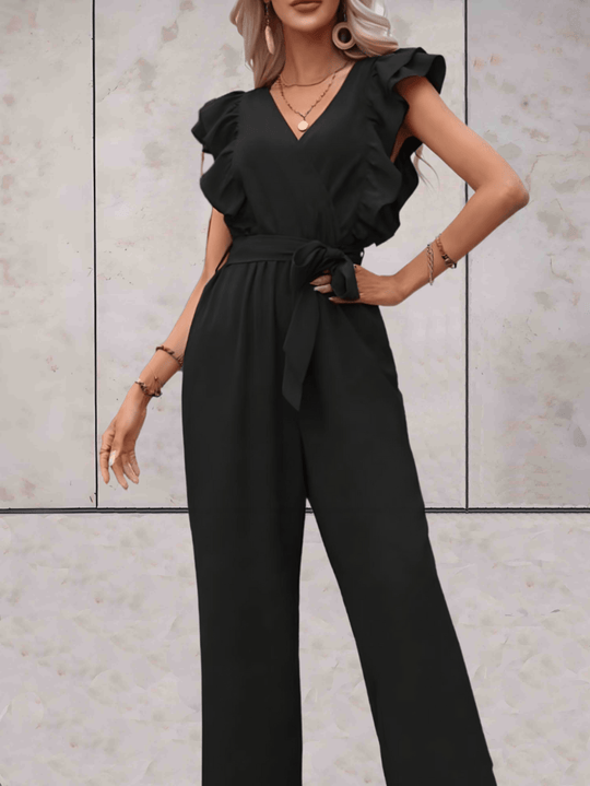 trendy Jumpsuit mit Rüschenärmeln, tiefem V-Ausschnitt und Schleifenbund