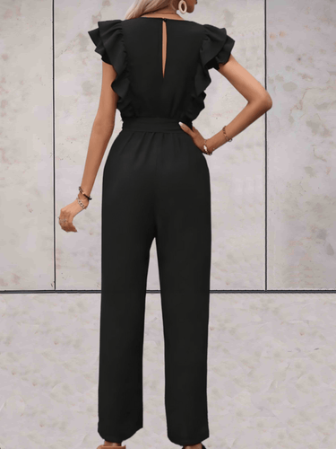 trendy Jumpsuit mit Rüschenärmeln, tiefem V-Ausschnitt und Schleifenbund