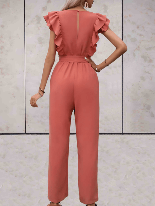 trendy Jumpsuit mit Rüschenärmeln, tiefem V-Ausschnitt und Schleifenbund