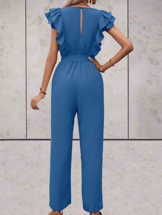 trendy Jumpsuit mit Rüschenärmeln, tiefem V-Ausschnitt und Schleifenbund