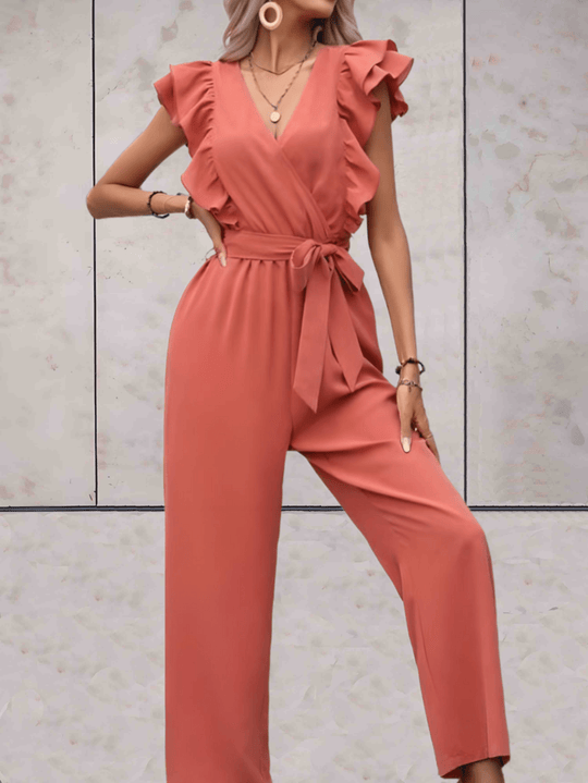 trendy Jumpsuit mit Rüschenärmeln, tiefem V-Ausschnitt und Schleifenbund