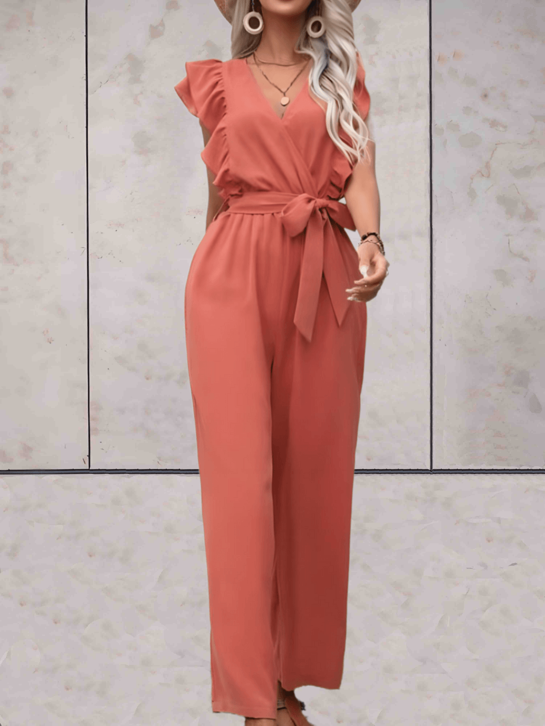 trendy Jumpsuit mit Rüschenärmeln, tiefem V-Ausschnitt und Schleifenbund