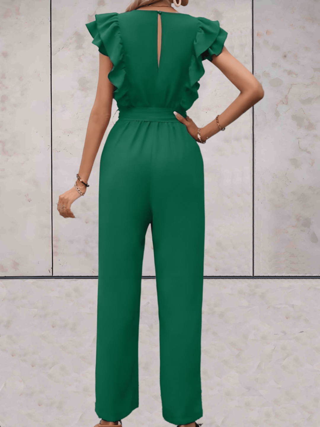 trendy Jumpsuit mit Rüschenärmeln, tiefem V-Ausschnitt und Schleifenbund