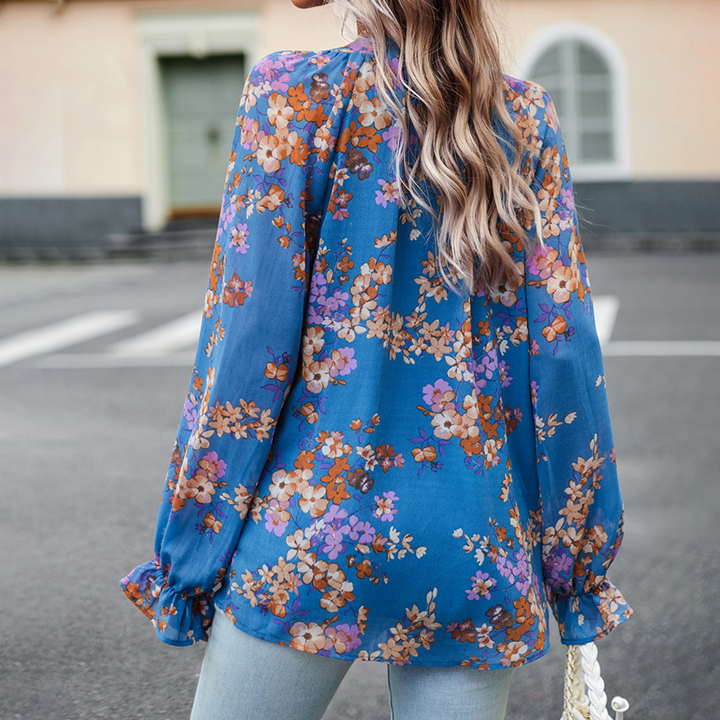 elizabeth – Blumenbluse mit V-Ausschnitt und Puffärmeln