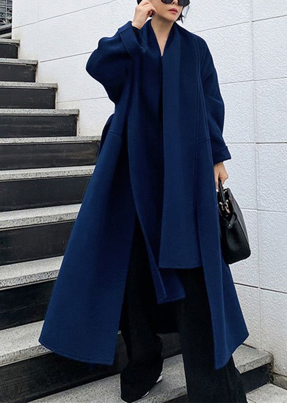 Heidi-Mode | Blue Notched Tie Waist Wollmäntel Langarm