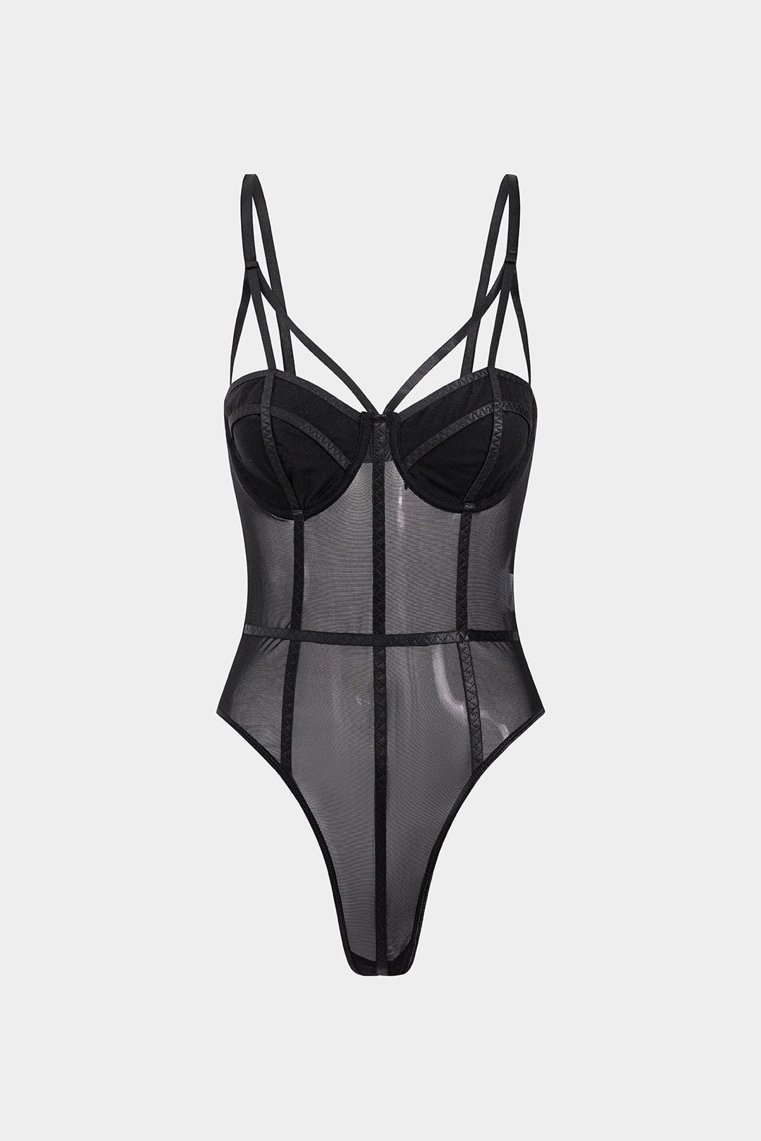 Heidi-Mode | Spaghetti-Träger Schwarz Verführerisches Mesh Body mit Bügel Cups