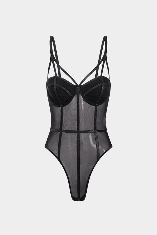 Heidi-Mode | Spaghetti-Träger Schwarz Verführerisches Mesh Body mit Bügel Cups