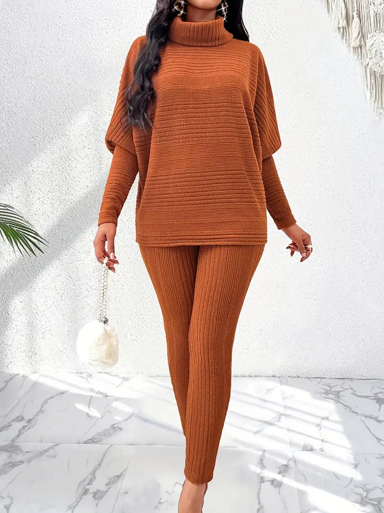 Heidi-Mode | Damen Hosenanzug Aus Polyester Strick, Langärmliges Oberteil Mit Stehkragen