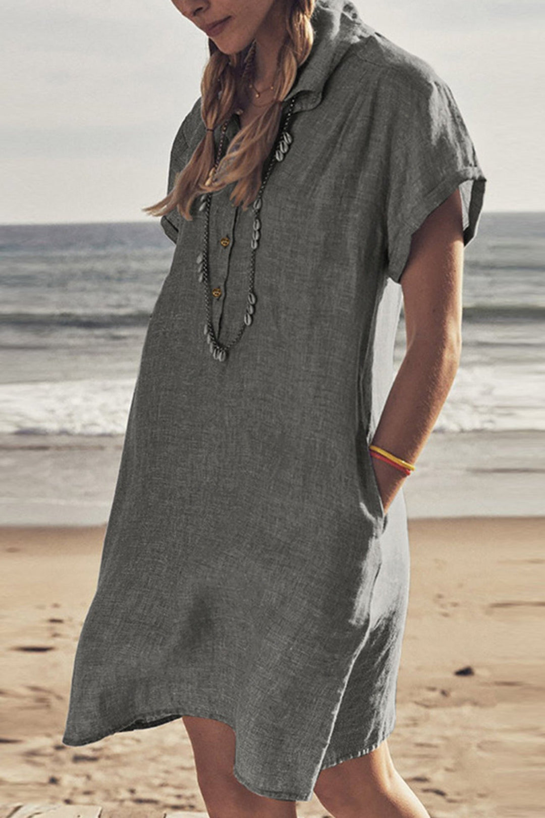 Heidi-Mode | Knopf Unten Baumwoll Strandkleid