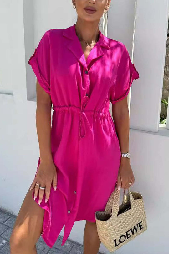 Heidi-Mode | Knopfverschluss Kurzarm Taille Band Blusen Kleid
