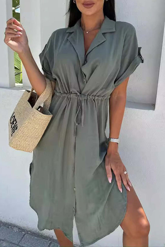 Heidi-Mode | Knopfverschluss Kurzarm Taille Band Blusen Kleid