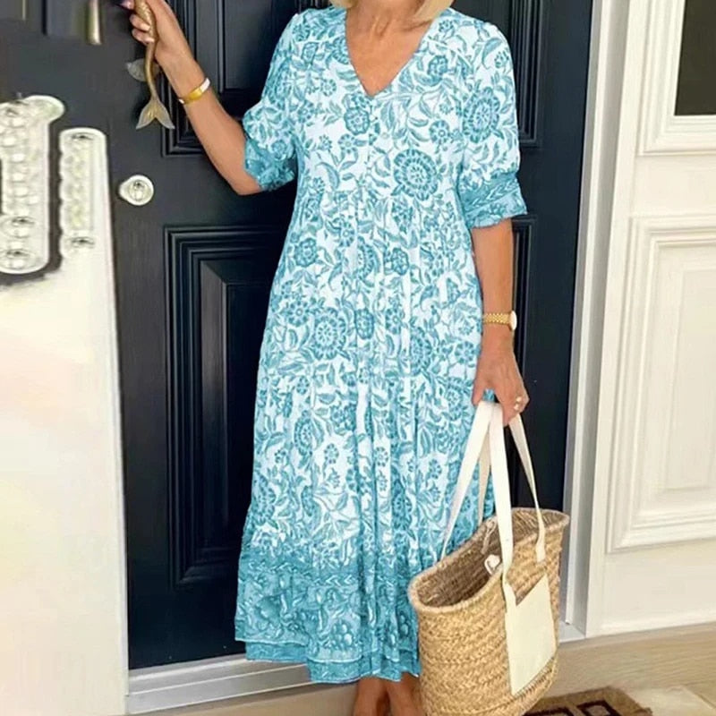 Heidi-Mode | Bohème Kleid mit V-Ausschnitt Leicht & Stilvoll für Sommerliche Anlässe