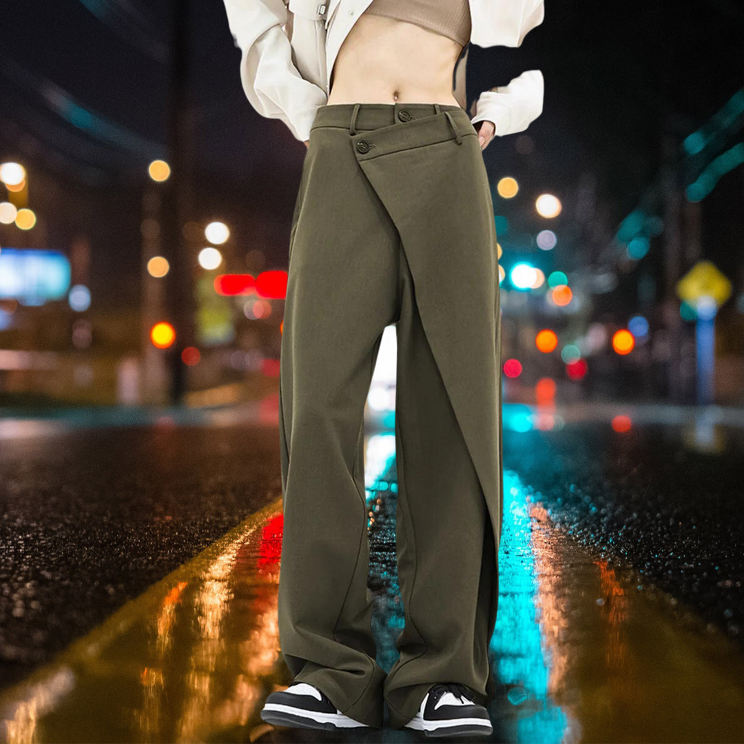 Heidi-Mode | Asymmetrisches Lag Knopf Kleid Hosen mit Weiten Beinen