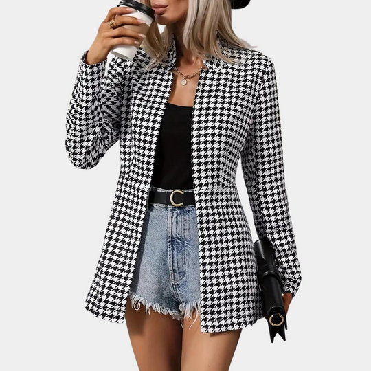 Heidi-Mode | Hahnentritt Blazer - Lang geschnitten - Offene Front - Strukturiertes Kragen - Smart Casual Wear