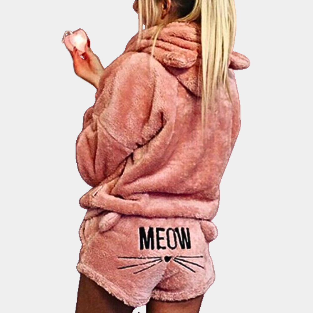 Ultrabequemes Fleece-Lounge-Pyjama-Set mit Katze