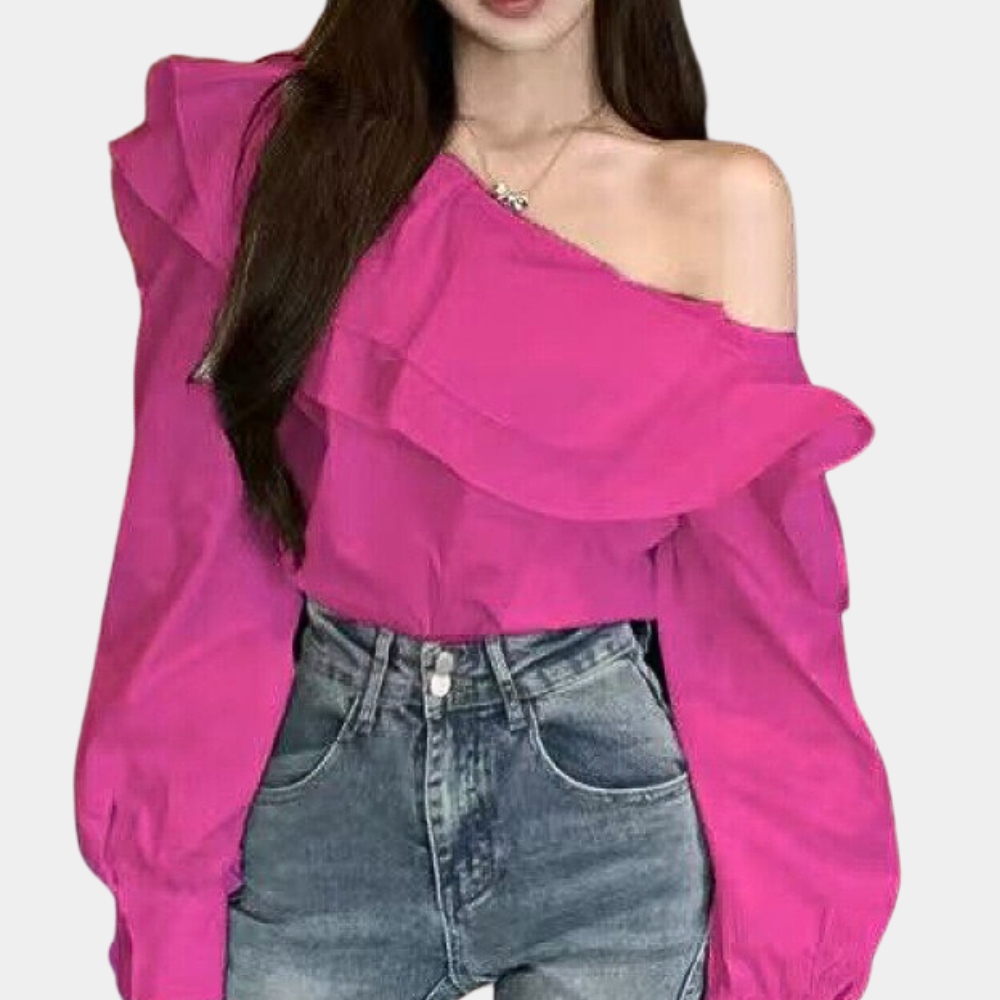 Heidi-Mode | Elegante Off-Shoulder-Bluse mit Leichtem Pinkem Design