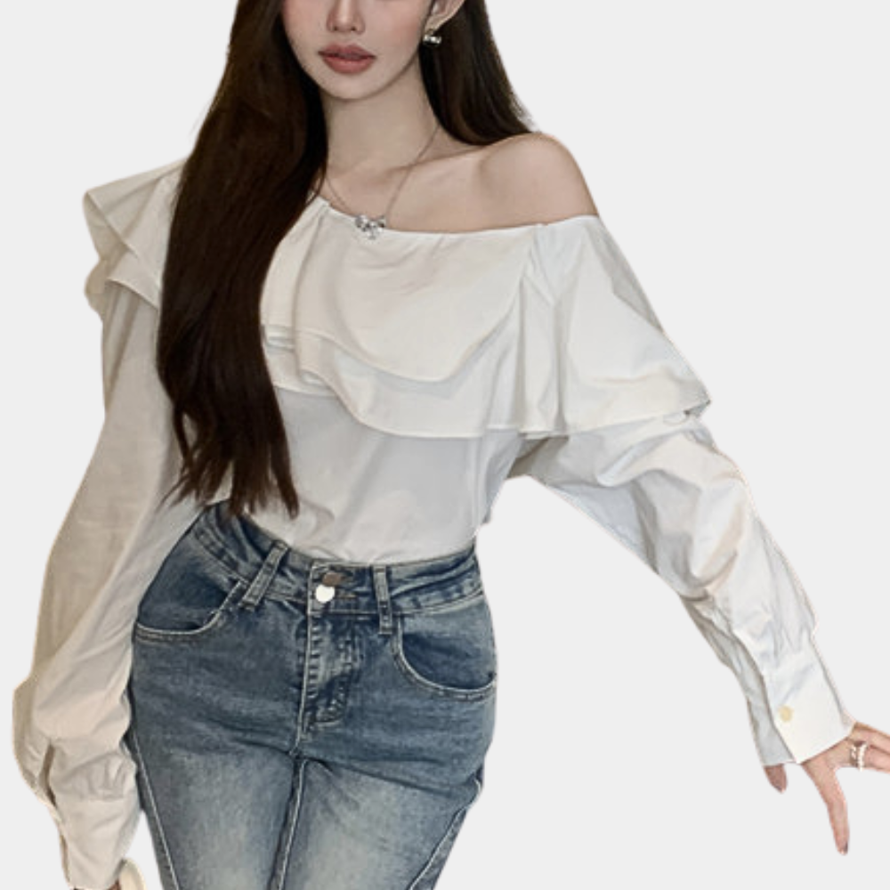 Heidi-Mode | Elegante Off-Shoulder-Bluse mit Leichtem Pinkem Design