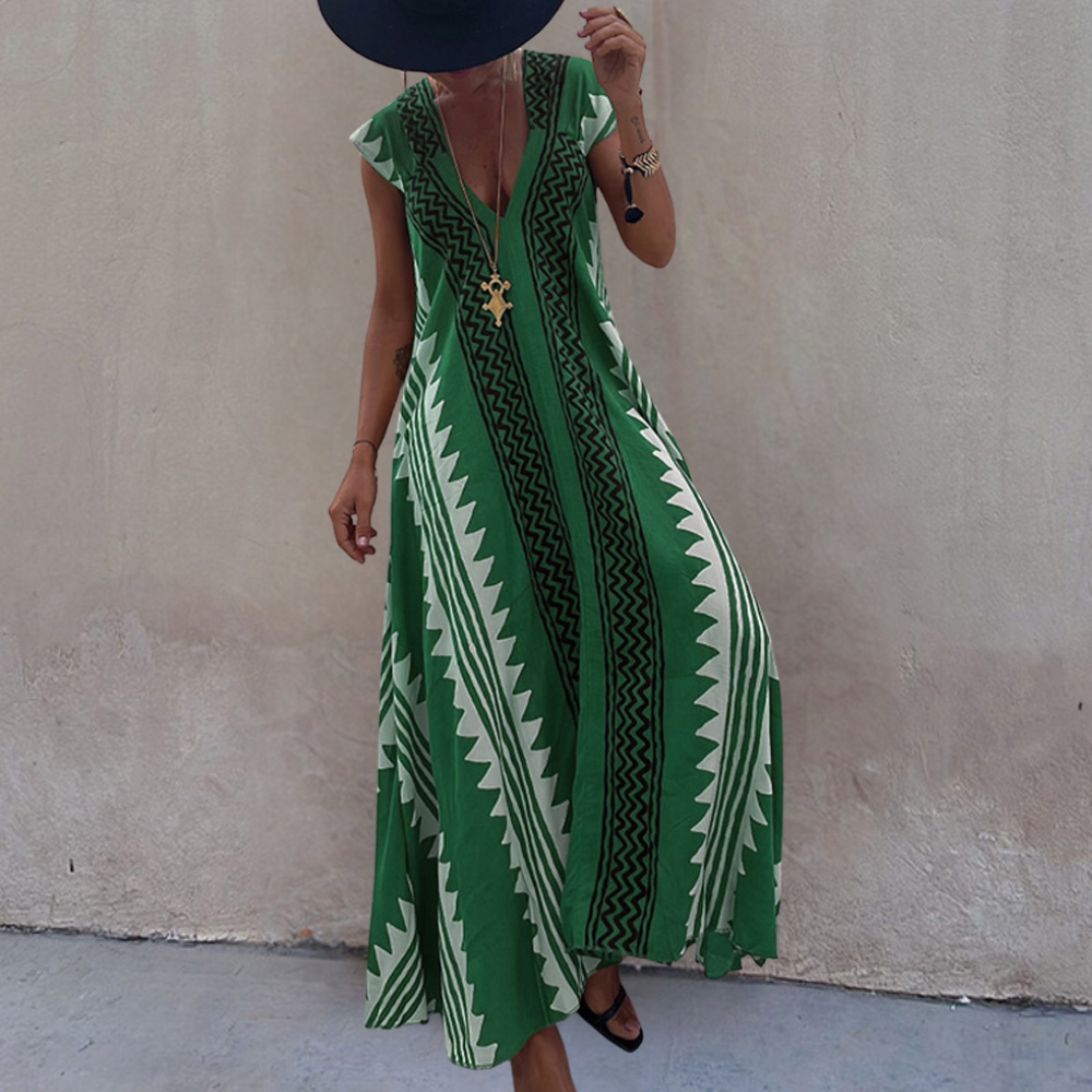 Heidi-Mode | Stilvolle Bohemian Maxikleid mit Einem Geometrischen Muster