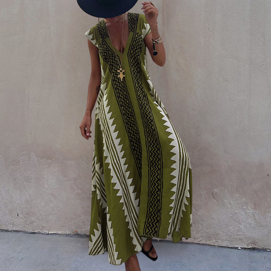 Heidi-Mode | Stilvolle Bohemian Maxikleid mit Einem Geometrischen Muster