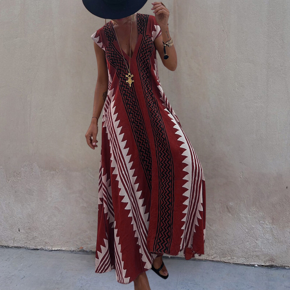 Heidi-Mode | Stilvolle Bohemian Maxikleid mit Einem Geometrischen Muster