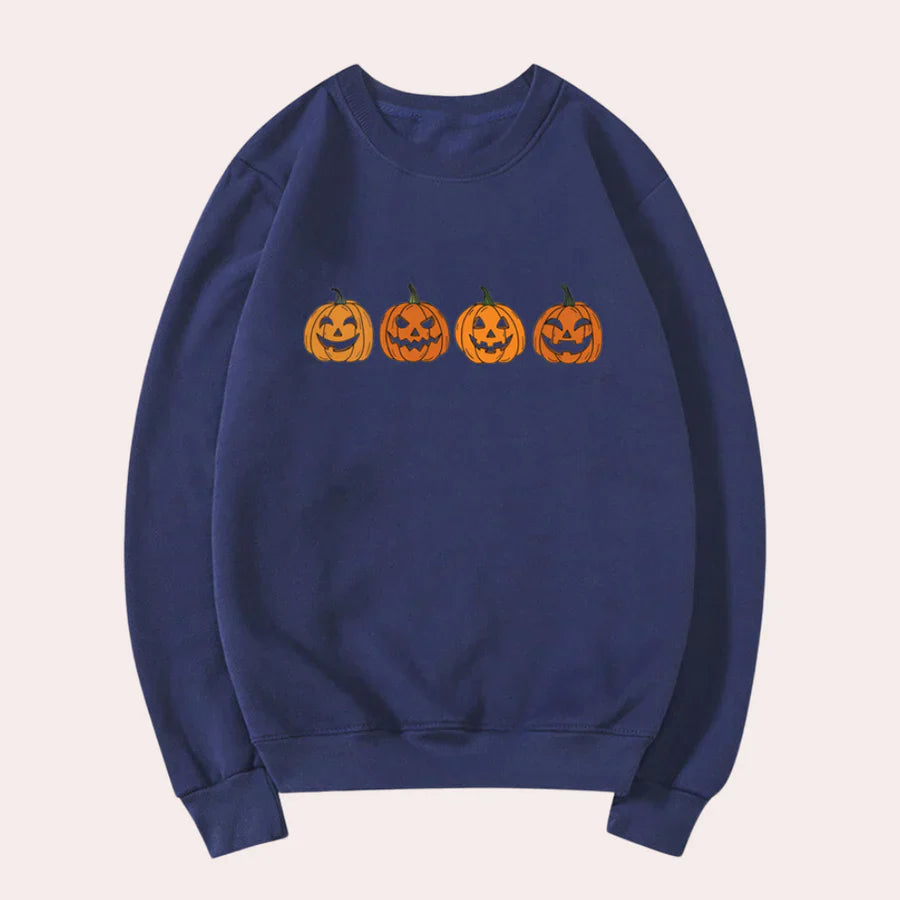 Heidi-Mode | Halloween-Pullover mit Rundhalsausschnitt und Kürbismotiv für Damen