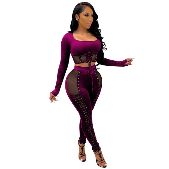 Heidi-Mode | Mesh Lace up Crop Top & Legging Satzs