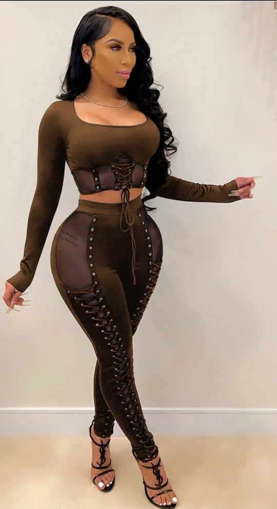 Heidi-Mode | Mesh Lace up Crop Top & Legging Satzs
