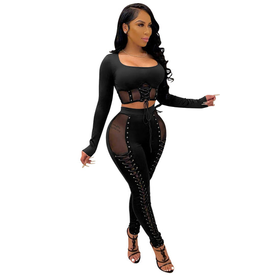 Heidi-Mode | Mesh Lace up Crop Top & Legging Satzs