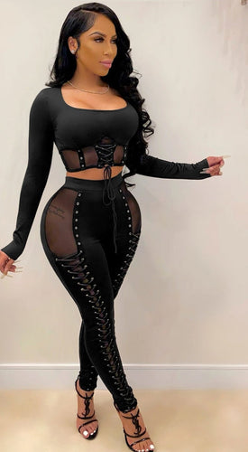 Heidi-Mode | Mesh Lace up Crop Top & Legging Satzs
