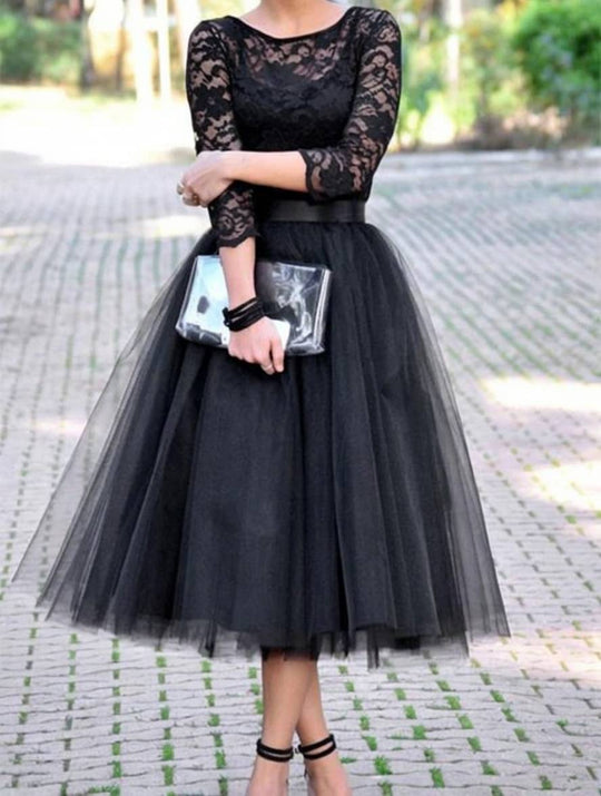 Heidi-Mode | Midi-Lange Puff-Rock Tutu Tüll Einfarbig Polyester Damen Elegant Schwarz