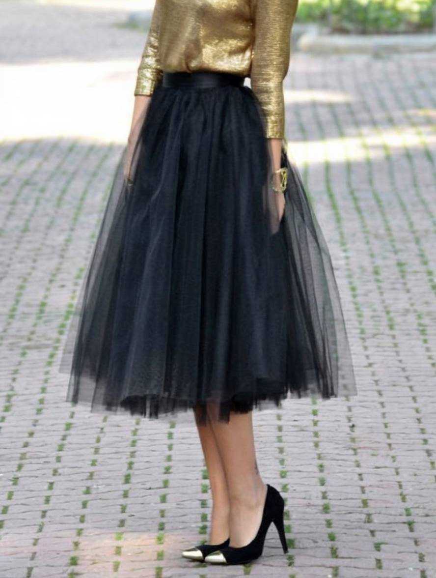 Heidi-Mode | Midi-Lange Puff-Rock Tutu Tüll Einfarbig Polyester Damen Elegant Schwarz