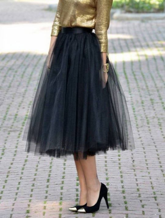Heidi-Mode | Midi-Lange Puff-Rock Tutu Tüll Einfarbig Polyester Damen Elegant Schwarz