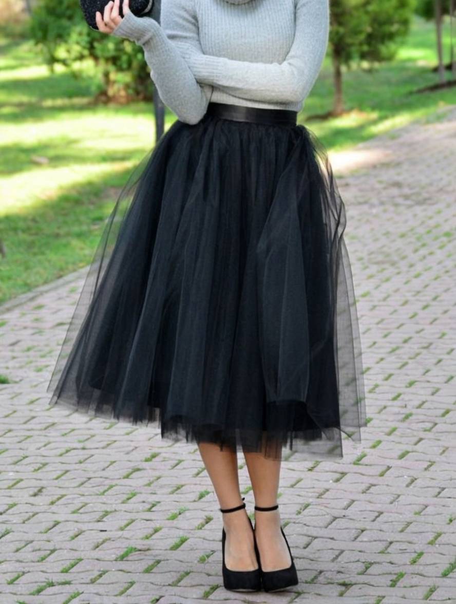 Heidi-Mode | Midi-Lange Puff-Rock Tutu Tüll Einfarbig Polyester Damen Elegant Schwarz