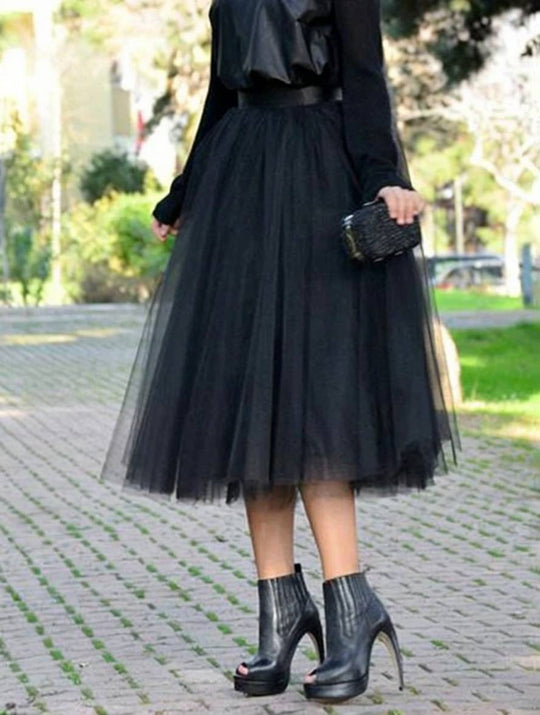 Heidi-Mode | Midi-Lange Puff-Rock Tutu Tüll Einfarbig Polyester Damen Elegant Schwarz