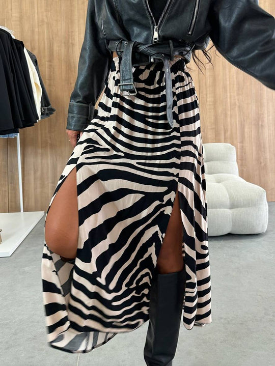 Heidi-Mode | Lange Gestreifte Leopardensatinrock mit Schlitz An Der Seite für Damen Elegant Lässige Mode