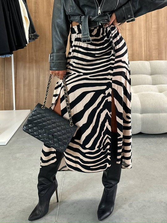 Heidi-Mode | Lange Gestreifte Leopardensatinrock mit Schlitz An Der Seite für Damen Elegant Lässige Mode