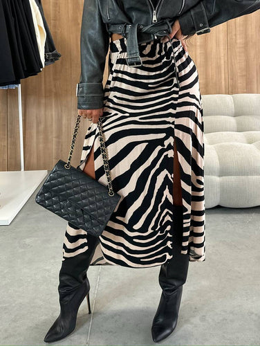 Heidi-Mode | Lange Gestreifte Leopardensatinrock mit Schlitz An Der Seite für Damen Elegant Lässige Mode