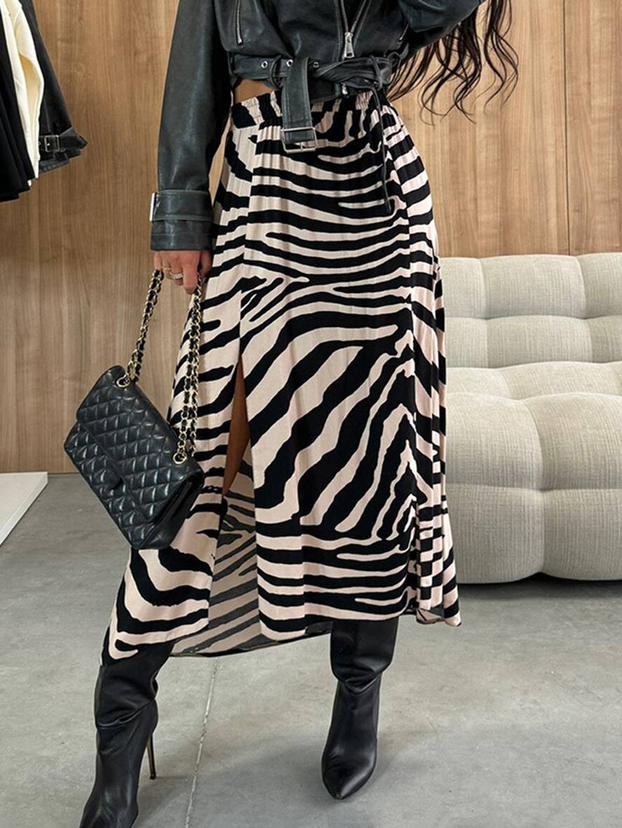 Heidi-Mode | Lange Gestreifte Leopardensatinrock mit Schlitz An Der Seite für Damen Elegant Lässige Mode