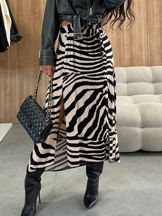 Heidi-Mode | Lange Gestreifte Leopardensatinrock mit Schlitz An Der Seite für Damen Elegant Lässige Mode