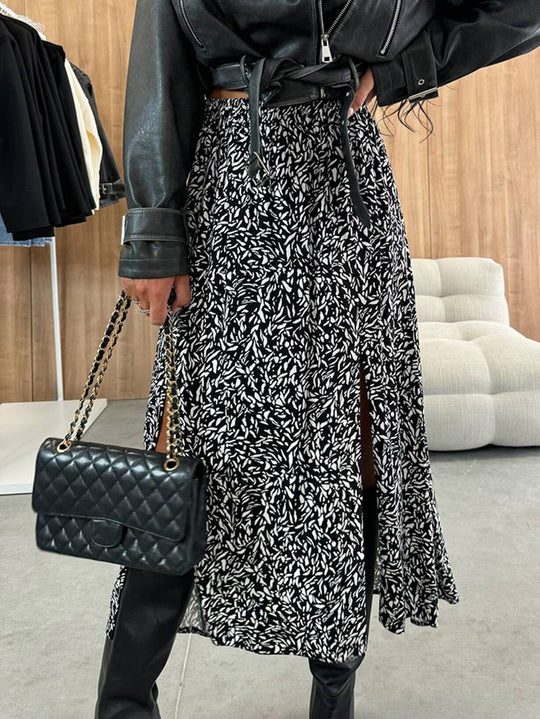 Heidi-Mode | Lange Gestreifte Leopardensatinrock mit Schlitz An Der Seite für Damen Elegant Lässige Mode