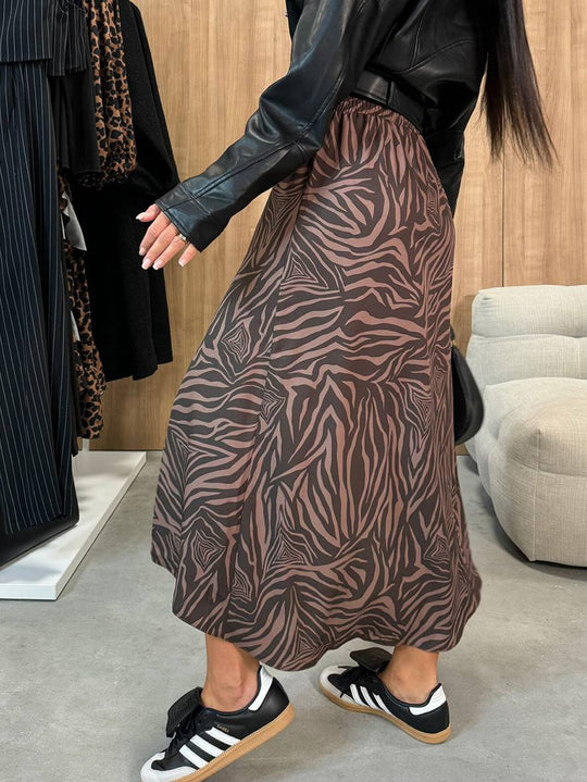 Heidi-Mode | Lange Gestreifte Leopardensatinrock mit Schlitz An Der Seite für Damen Elegant Lässige Mode