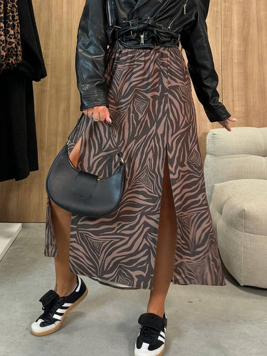 Heidi-Mode | Lange Gestreifte Leopardensatinrock mit Schlitz An Der Seite für Damen Elegant Lässige Mode
