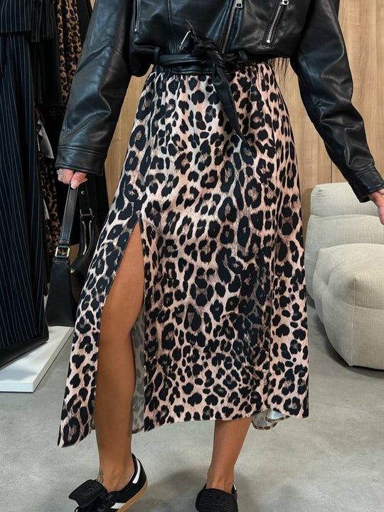 Heidi-Mode | Lange Gestreifte Leopardensatinrock mit Schlitz An Der Seite für Damen Elegant Lässige Mode