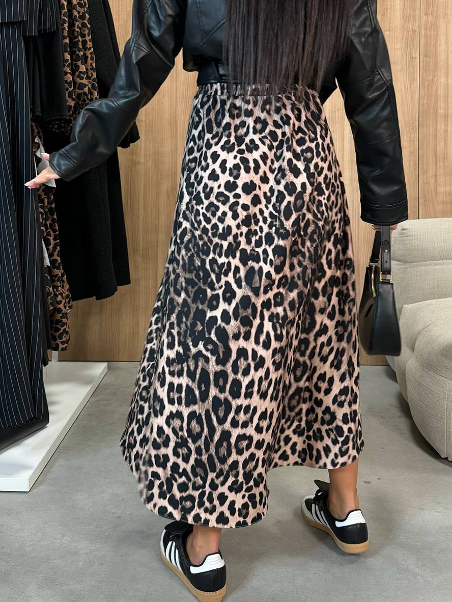 Heidi-Mode | Lange Gestreifte Leopardensatinrock mit Schlitz An Der Seite für Damen Elegant Lässige Mode