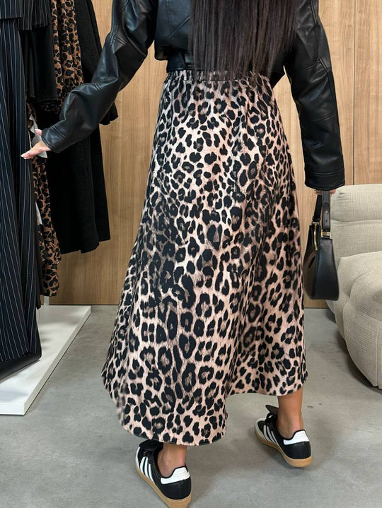 Heidi-Mode | Lange Gestreifte Leopardensatinrock mit Schlitz An Der Seite für Damen Elegant Lässige Mode