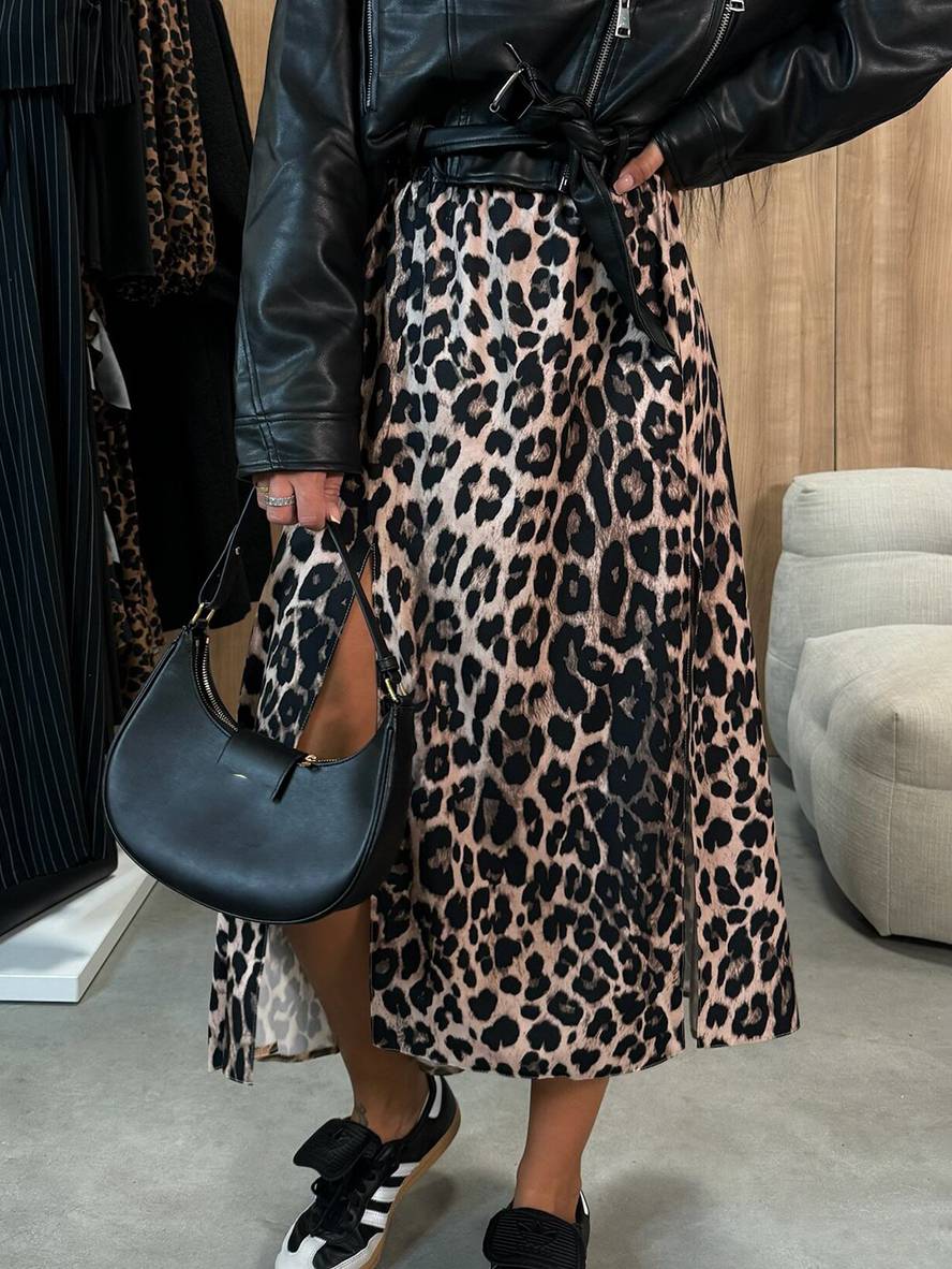 Heidi-Mode | Lange Gestreifte Leopardensatinrock mit Schlitz An Der Seite für Damen Elegant Lässige Mode