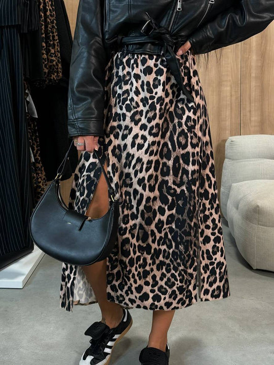 Heidi-Mode | Lange Gestreifte Leopardensatinrock mit Schlitz An Der Seite für Damen Elegant Lässige Mode